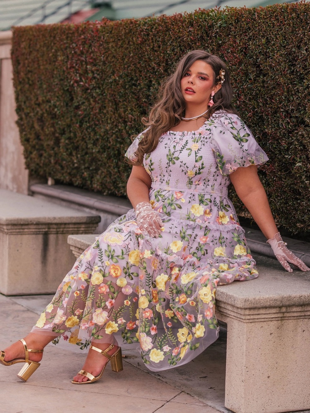 JessaKae Rose Lavender Floral Embroidered Puff-Sleeve Tulle 3D  Maxi Dress